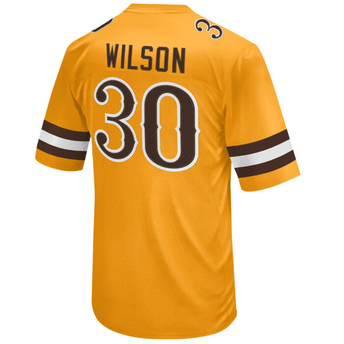 Youth gold Logan Wilson replica jersey, design is brown word Wilson above brown 30 white outline, brown and white stripes on sleeves
