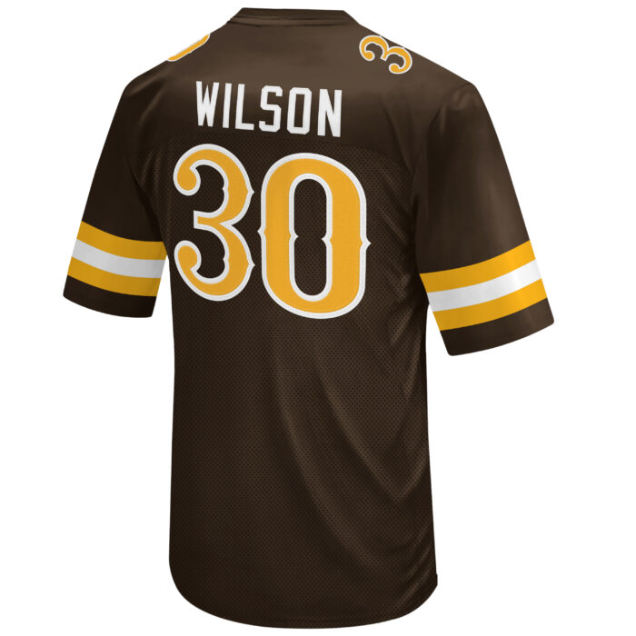 Brown Logan Wilson replica jersey, design is white word Wilson above gold 30 white outline, gold and white stripes on sleeves