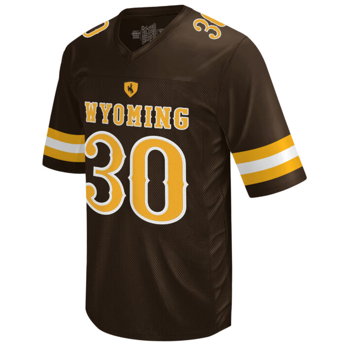 Brown Logan Wilson replica jersey, design is gold patch with brown bucking horse above gold word Wyoming white outline above gold 30 white outline, gold and white stripes on sleeves