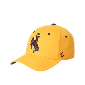 Gold fitted hat, design is brown bucking horse white outline