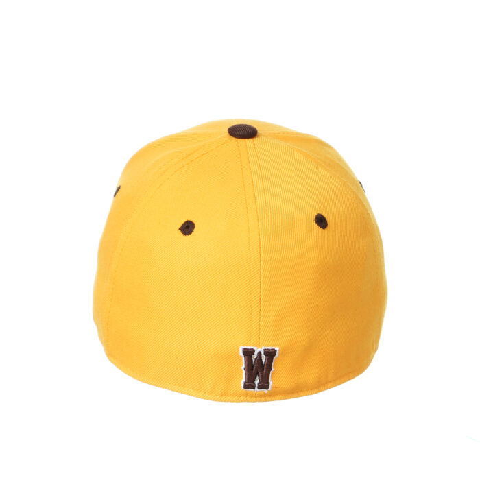Back of gold fitted hat, design is brown W with white outline
