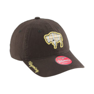 Brown adjustable women's hat, design is white buffalo with plaid design and gold outline, script gold word Wyoming on brim