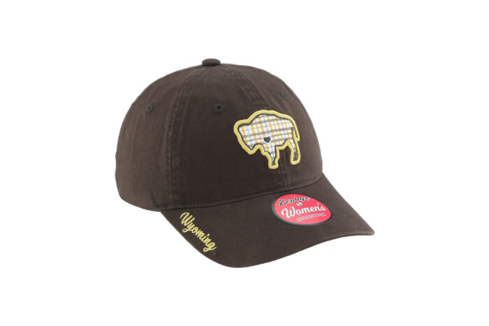 Brown adjustable women's hat, design is white buffalo with plaid design and gold outline, script gold word Wyoming on brim