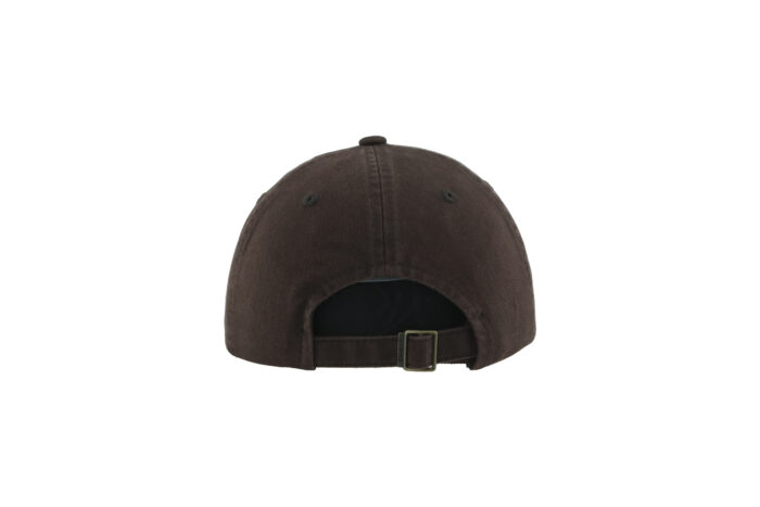 Back of brown adjustable women's hat, brown adjustable buckle closure