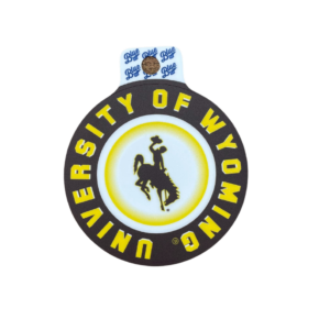 Brown circle decal, design is gold word university of Wyoming surrounding white circle white gold circle, brown bucking horse gold outline in circles