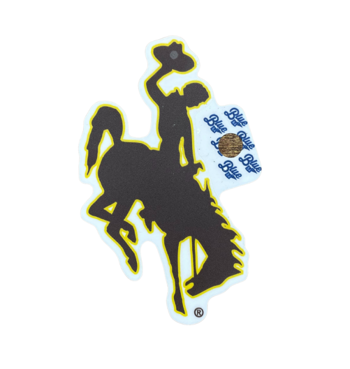Brown bucking horse shaped decal, gold outline surrounding decal