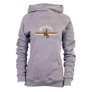 Women's grey hoodie, design is gold University of Wyoming arched above white word Wyoming arched above brown bucking horse with brown, gold and white lines word est. 1886 under lines