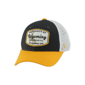 Grey adjustable hat with white mesh backing and gold brim, design is white patch with gold outline grey words university of above script Wyoming above cowboys above establish 1886