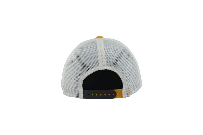 Back of grey adjustable hat with white mesh backing and gold brim, brown adjustable closure with gold backing