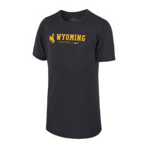 Dark grey tee, design is gold bucking horse to the left of gold word Wyoming above gold word football with Nike logo to the right