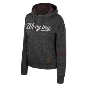 Women's grey pullover hoodie, design is white script word Wyoming, brown bucking horse gold outline on left pocket
