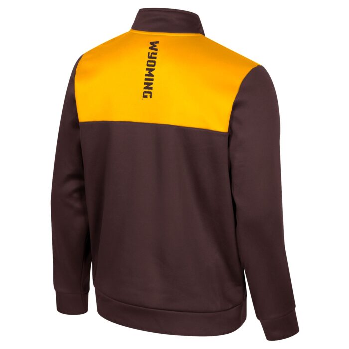 Back of brown 1/4 zip with gold shoulder detail and brown sleeves, design is brown word Wyoming vertical centered on upper back