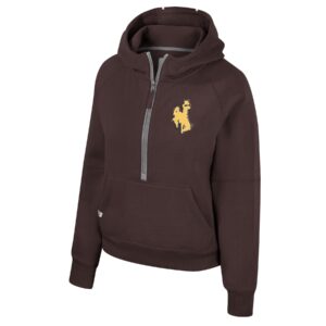Women's brown half zip hoodie, design is gold bucking horse white outline