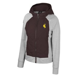 Women's brown jacket with gray sleeves and brown hood, design is gold bucking horse on left chest
