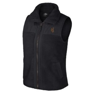 Women's black sherpa vest, design is brown bucking horse gold outline on left chest
