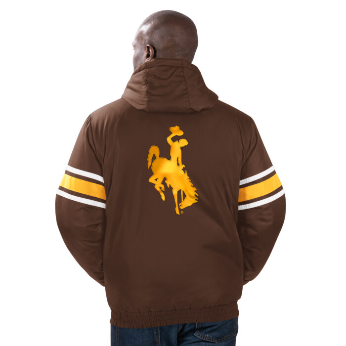 Back of brown polyfill jacket, design is gold bucking horse, white and gold stripes on sleeves
