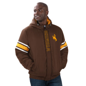 Brown polyfill jacket, design is gold bucking horse on left chest, gold word Wyoming vertical down front closure, white and gold stripes on sleeves