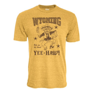 Gold short sleeve tee, design is brown word Wyoming above retro cowboy design, above brown words ride for the brand, above brown word yee haw!