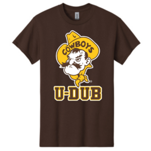 Brown tee, design is cowboy Joe logo above brown word U-DUB gold and white outline