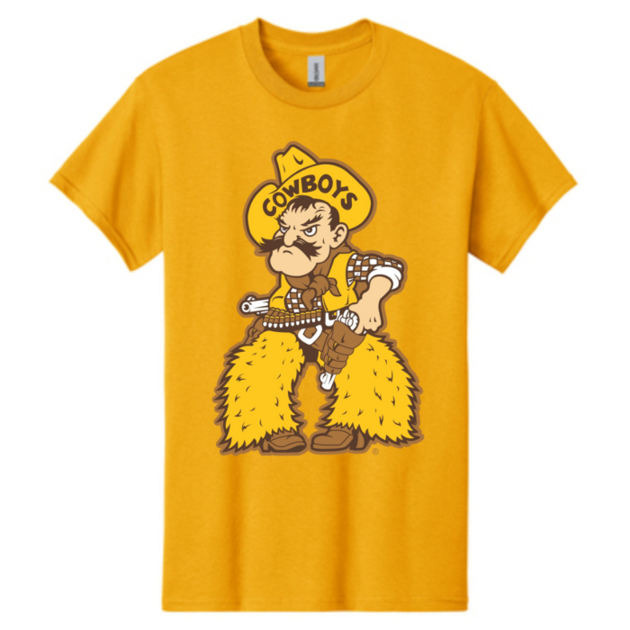 Gold tee, design is large Pistol Pete logo centered on tee