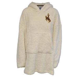 Sherpa fleece oversized blanket hoody, design is brown bucking horse gold outline on left chest