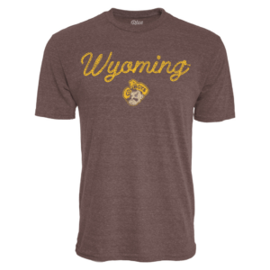Brown short sleeve, design is gold script word Wyoming above pistol pete logo