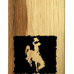 Wooden mini bottle opener, design is black square with bucking horse cutout exposing wood below