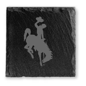 Slate rock coaster set, design is grey bucking horse in centered of square coasters, rough edging detail