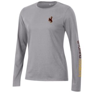 Women's grey long sleeve, design is brown bucking horse gold outline on left chest, brown word Wyoming gold word cowboys on left sleeve