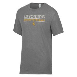 Grey short sleeve tee, design is white word Wyoming, above gold and white horizontal stripes with grey word cowboys, above gold bucking horse