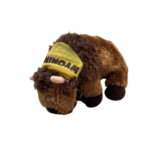 Brown buffalo plush with gold bandana, design is brown word Wyoming on gold bandana