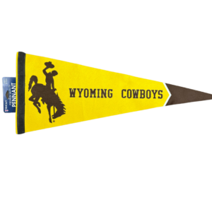 Gold pennant, design is brown bucking horse next to brown words Wyoming cowboys, brown triangle at tip