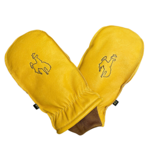 Tan mittens, design is brown bucking horse outline