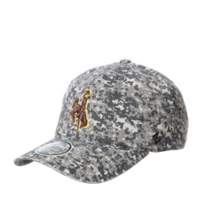 Grey digital camo hat, design is brown bucking horse gold outline centered on front of hat