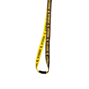 Brown and gold lanyard, design is gold word Wyoming on brown background, brown word Wyoming on gold background