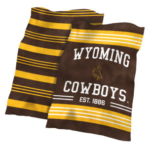 Brown double sided blanket, design is gold and white stipes above and below white word Wyoming cowboys, with brown bucking horse gold outline in center, white word est 1886 below word cowboys