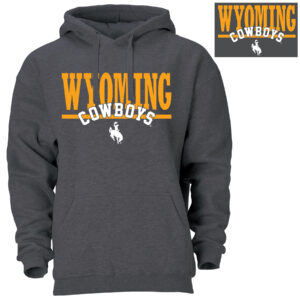 Dark grey hoodie, design is gold word Wyoming with gold line underneath, above arched white word cowboys above white bucking horse