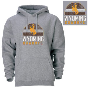 Heather grey hooded sweatshirt. Design on front is the top half of a brown distressed circle outlined in gold with three white stripes through the middle. On top of the stripes is a gold distressed bucking horse. Underneath is the word Wyoming in distressed white outlined in brown. Underneath the word Wyoming is the word Cowboys in distressed gold outlined in brown.