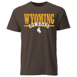 Cigar color tee shirt with the word Wyoming and a line underneath in distressed gold. Above the line is the word Cowboy arched in white with a white bucking horse underneath.