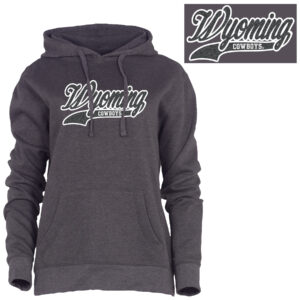 Dark grey women's hoodie, design is grey script word Wyoming with tail white outline, white word cowboys in grey tail