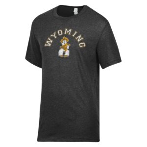 Black short sleeve tee, design is white arched word Wyoming gold outline above pistol pete logo