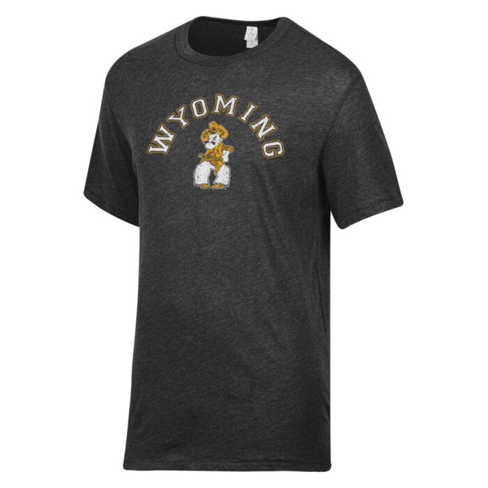 Black short sleeve tee, design is white arched word Wyoming gold outline above pistol pete logo