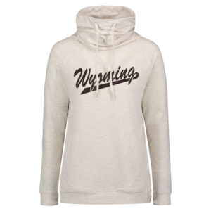 Women's oatmeal crewneck with funnel neck, design is brown script word Wyoming with tail
