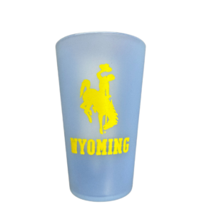 Clear silicone cup, design is gold bucking horse above gold word Wyoming