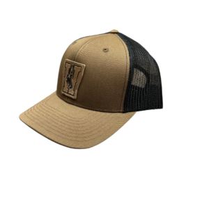 Light brown hat with black mesh backing, design is brown leather W with brown bucking horse