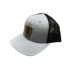 Light grey hat with black mesh backing, design is brown leather W with brown bucking horse