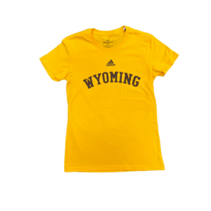 Women's gold Adidas tee, design is brown Adidas logo above brown word Wyoming