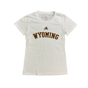 Women's white Adidas tee, design is brown Adidas logo above brown word Wyoming