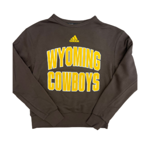 Adidas brown crew, design is gold Adidas logo above gold word Wyoming with white outline, above gold word cowboys with white outline