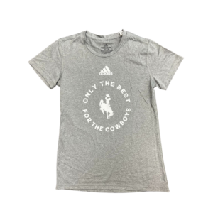 Women's Adidas grey tee, design is white bucking horse, white words only the best for the cowboys surrounding the bucking horse